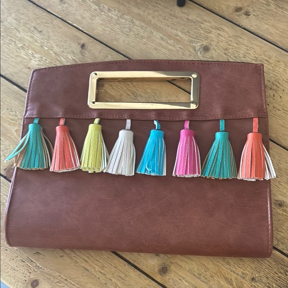 Handbags - Brown Clutch with Colorful Tassels